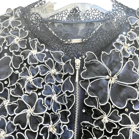 Elie Tahari Navy Silver Floral Lace Sheer Organza Silk Bomber Jacket Size Medium - Picture 2 of 12